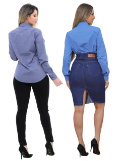 KIT Feminino 2 Peças - Camisa Social Premium Tipo Linho Azul Cobalto e Camisa Social Slim Azul