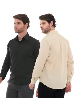 KIT Masculino 2 Peças - Camisa Social Premium Tipo Linho Bege e Camisa Social Slim Preta - Ptrl Jeans | Moda Jeans