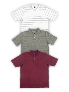 KIT Masculino 3 Peças - Polo Listrada Vinho, Cinza e Branca
