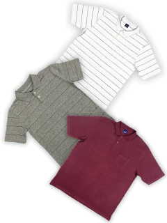 KIT Masculino 3 Peças - Polo Listrada Vinho, Cinza e Branca na internet