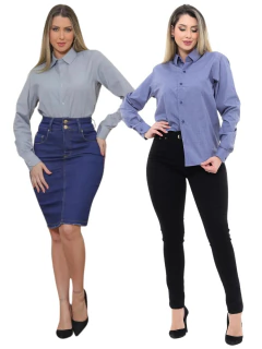 Imagem do KIT Feminino 2 Peças - Camisa Social Premium Tipo Linho Azul Cobalto e Camisa Social Slim Cinza