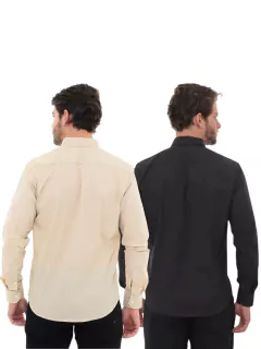 KIT Masculino 2 Peças - Camisa Social Premium Tipo Linho Bege e Camisa Social Slim Preta na internet