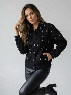 Jaqueta Jeans Preta Maxxi Oversized Feminina com Aplicação Gota e Strass Brilho Denim Boiadeira Premium
