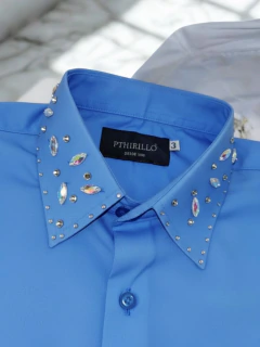 Imagem do Camisa Social Feminina com Gola de Strass Premium Azul Motorista| Blusa de Luxo Manga Longa com Aplicações de Brilho