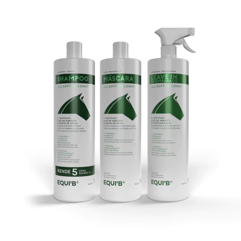 KIT EQUI'B Banho para Cavalo All Soft Coco Nut 1L | Shampoo + Máscara + Abrilhantador Desembaraçador