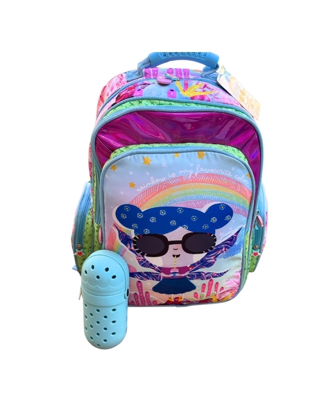 COMBO MOCHILA ESPALDA ESCOLAR GIRL CON ANTEOJOS TALBOT + CARTUCHERA CROSS CELESTE - comprar online