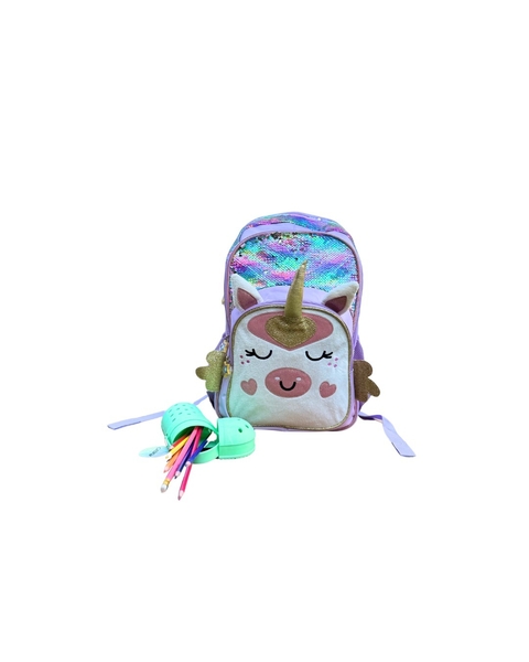 COMBO MOCHILA ESPALDA 18L UNICORNIO LENTEJUELAS TALBOT + CARTUCHERA CROSS AQUA - comprar online