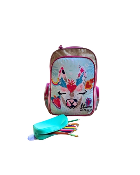 COMBO MOCHILA ESPALDA LLAMA QUEEN TALBOT + CARTUCHERA BRILLITOS TURQUESA - comprar online