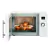 Microondas Whirlpool Con Grill de 27 litros en color blanco, con una bandeja con pollo y vegetales en su interior.