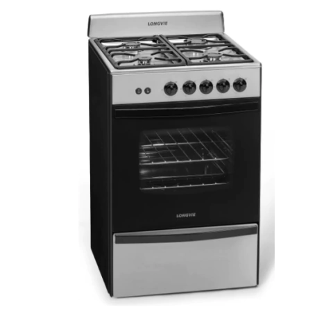 Cocina a gas Longvie modelo 13331xf de 56 cm, con cajón para parrilla y diseño en acero inoxidable.