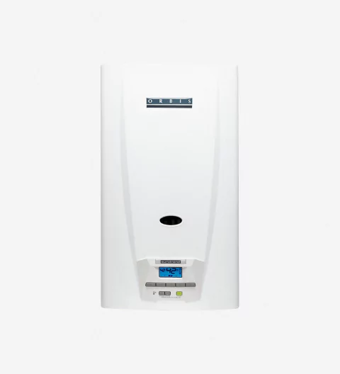 Calefón Orbis de 14 litros con tiraje natural forzado, color blanco, con display digital que muestra la temperatura.