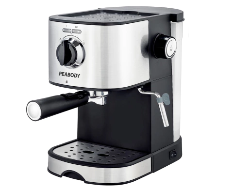 Cafetera Express Peabody modelo PE-CE4601IX, color plateado, con diseño moderno y manija para preparar café.