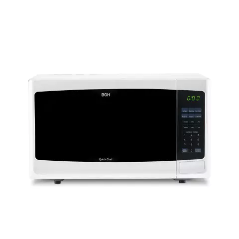 Microondas BGH Digital de 28 litros, modelo B228DB9, color blanco, con panel de control digital y pantalla LED.