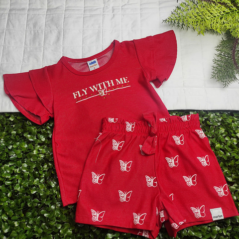 Conj. Blusa Molecotton Vermelha Fly With Me c/ Shorts Vermelho e Borboletas - Tam. 03, 04 e 08 - Marlan