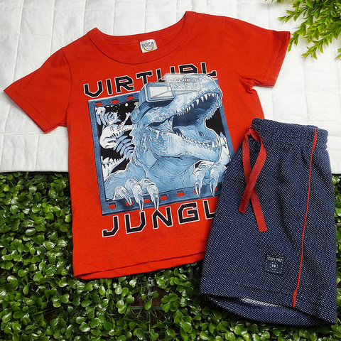 Conjunto Menino Camiseta Laranja Estampa T-Rex c/ Bermuda Azul Pique - Boca Grande