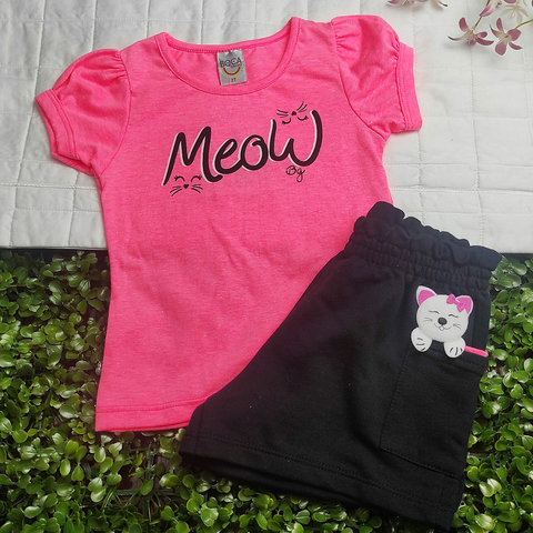 Conjunto Menina Blusinha Meow Pink Neon c/ Shorts interativo Gatinha - Boca Grande