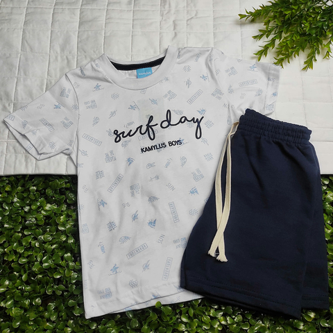 Conjunto Menino Camiseta Branca Surf Day e Bermuda Moletinho Azul Escuro - Kamylus