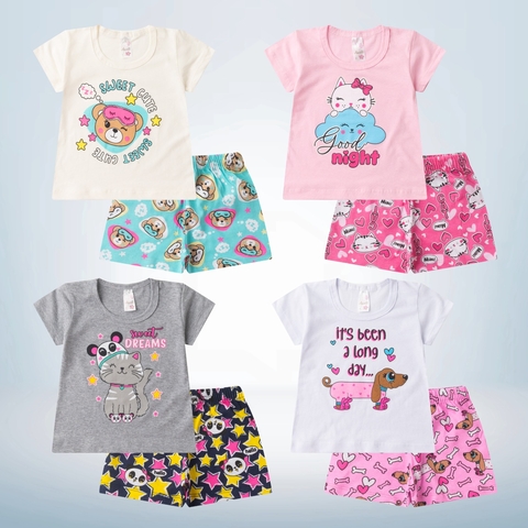 Pijama Menina Infantil Meia Malha Estampado detalhes Brilha no Escuro - Tamanho 01 ao 08