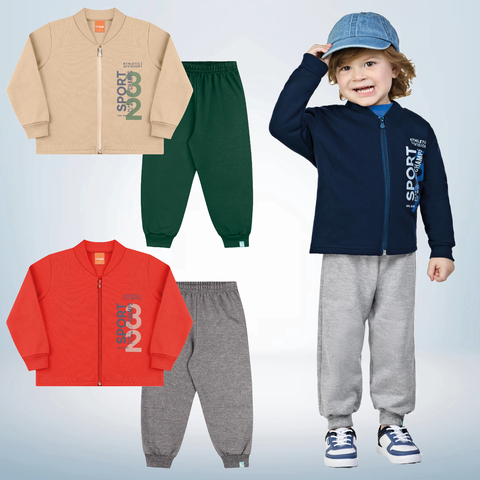 Conjunto Inverno Menino Jaqueta Moletom Penteado c/ Calça com Punho - Tam 1 ao 10 - kamylus