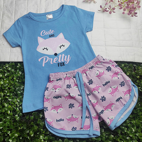 Conjunto Menina Blusinha Azul Estampada Raposa c/ Shorts Estampado - Kappes
