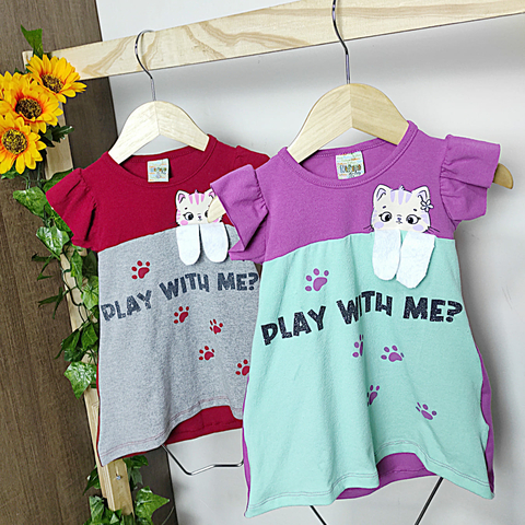 Vestido Menina Cotton Gatinho c/ Feltro interativo - Didiene