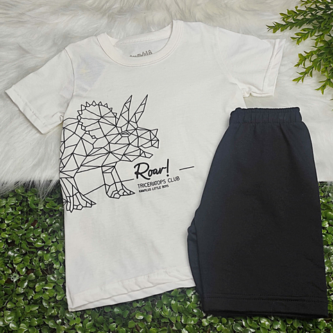 Conjunto Menino Camiseta Triceratops Off-White e Bermuda Moletinho - Kamylus
