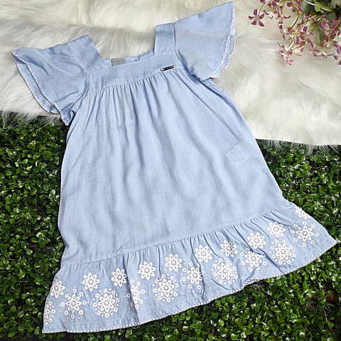Vestido Chambray Denim Azul com Bordado de Flores - Mundi