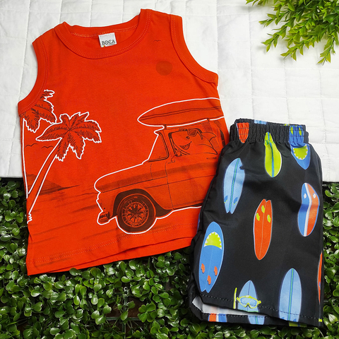 Conjunto Menino Camiseta Regata Laranja Estampa Tubarão c/ Bermuda Estampada - Boca Grande