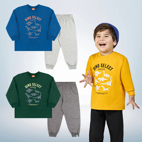 Conjunto Inverno Menino Moletom Penteado Dinossauros c/ Calça com Punho - Tam 1 ao 10 - Kamylus