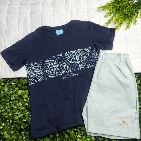 Conjunto Menino Camiseta Meia Malha Azul e Bermuda Eco Linen - Kamylus