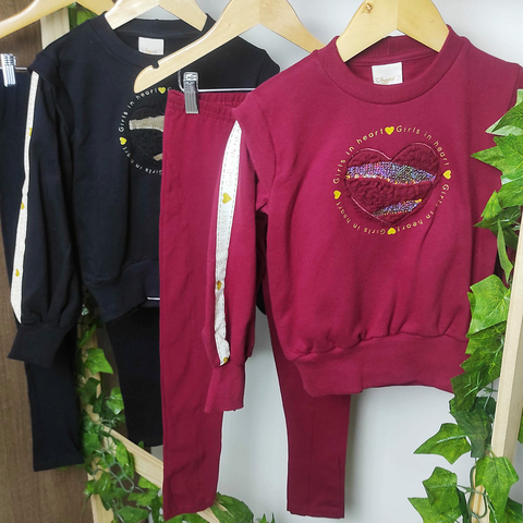 Conjunto Inverno Menina Casaco Moletom Bordado Coração com Lantejoulas e Calça Legging Cotton - Tam 04 e 06 - Angerô