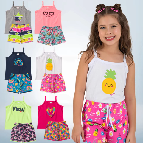 Conjunto Menina Blusa de Alça c/ Bordado e Shorts - Analê