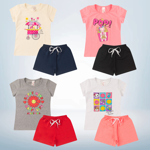 Conjunto Menina Blusa Estampada Algodão e Shorts Liso - 4/6/8 - Analê