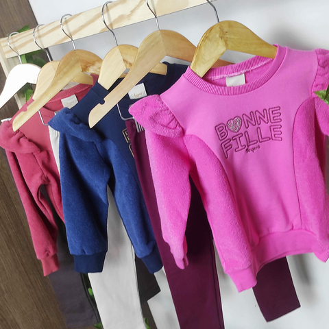 Conjunto Inverno Menina Casaco Moletom Bordado Bonne Fille com detalhes felpudos e Legging - Tam 01 ao 03 - Angerô
