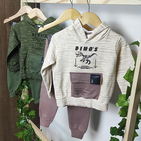 Conjunto Menino Inverno Casaco Moletom c/ Capuz Bolso Frontal Dino e Calça Moletom - Tam 02 e 03 - Fakini - comprar online
