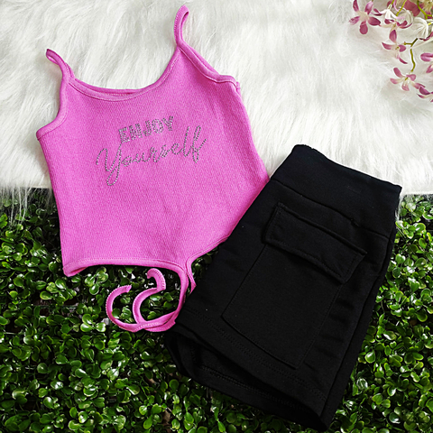 Conjunto Menina Cropped Ribana c/ Aplique e Shorts Saia Moletinho - Didiene