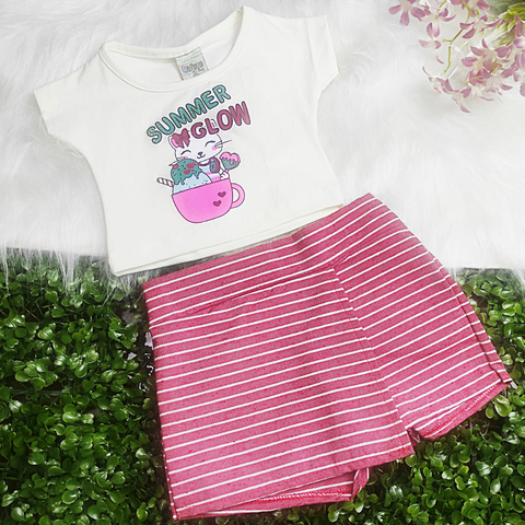 Conjunto Menina Blusa Estampada c/ Shorts Saia Listrado - Didiene