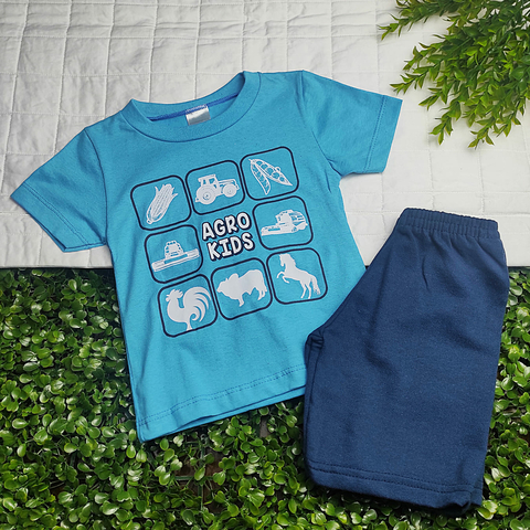 Conjunto Menino Camiseta Azul Estampa Agro Kids c/ Bermuda Azul Moletinho - Kappes