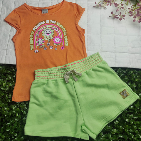 Conjunto Menina Blusinha Regata Laranja Estampa de Flores c/ Shorts Verde - Boca Grande
