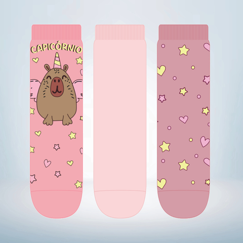 Kit 03 Pares de Meias Soquete Infantil Menina Capivara