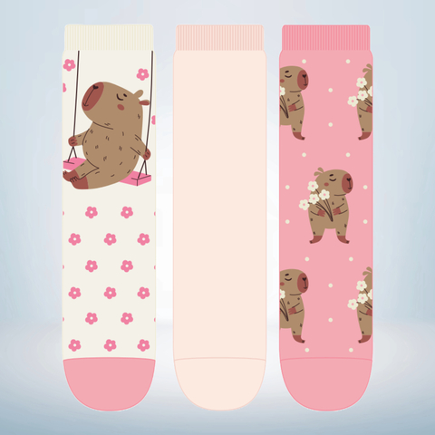 Kit 03 Pares de Meia Soquete Capivara Infantil e Adulto Feminina - Tamanho 23 a 39