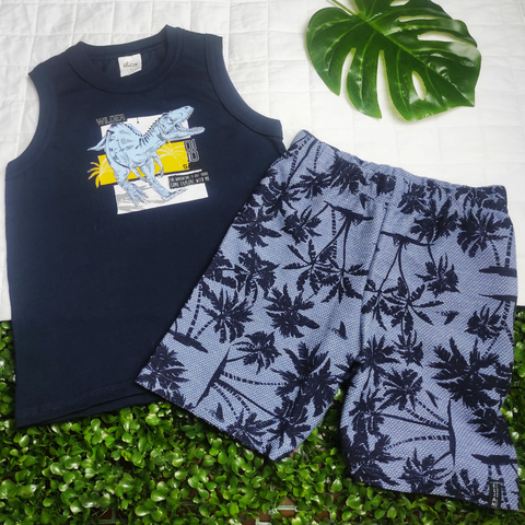Conjunto Infantil Menino Regata Dinossauro e Bermuda Texturizada - Elian
