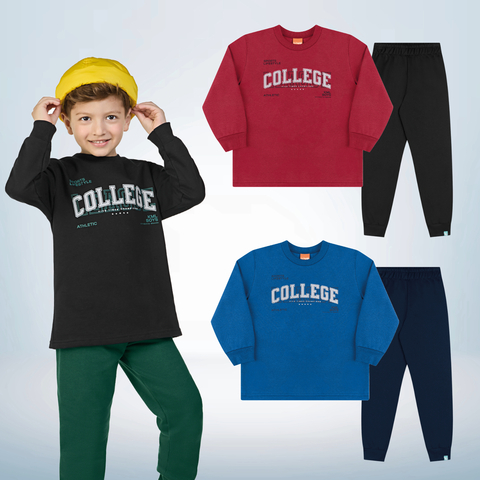 Conjunto Inverno Menino Moletom Penteado College c/ Calça com Punho - Tam 4/6/8/10 - Kamylus