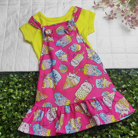 Conjunto Menina Blusinha Amarela c/ Salopete Moletinho Rosa Sorvetes - Boca Grande