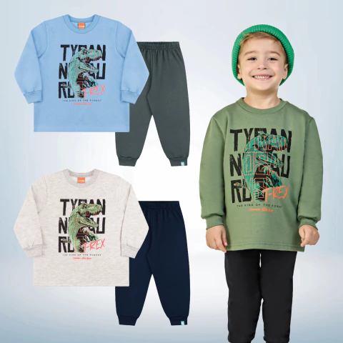 Conjunto Inverno Menino Moletom Penteado T-REX c/ Calça com Punho - Tam 2/4/8 - Kamylus
