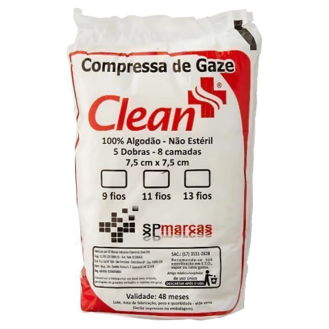 Gaze 9 Fios 7,5x7,5cm Não Estéril C/500 - Clean