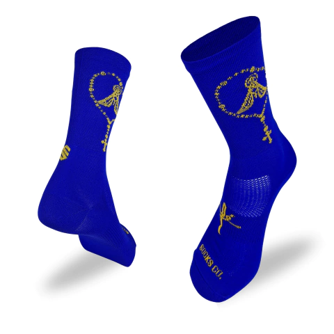 Meia Performance Poliamida Caminho da Fé Azul Royal/Amarelo Cano Longo - comprar online