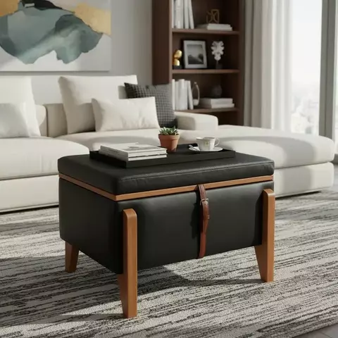 Pufe Flex Retangular Baú E Mesinha com Tampo Laminado De Madeira Couro Sintético Preto - comprar online