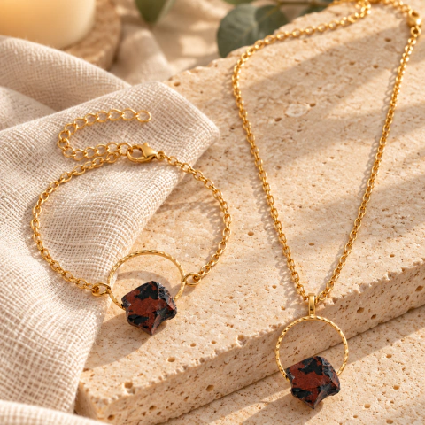 Conjunto Colar e Pulseira Obsidiana Mogno Natural Bruta – Proteção e Força Interior