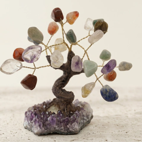 Árvore 7 Chakras com Base de Ametista Natural – Equilíbrio Energético 14cm